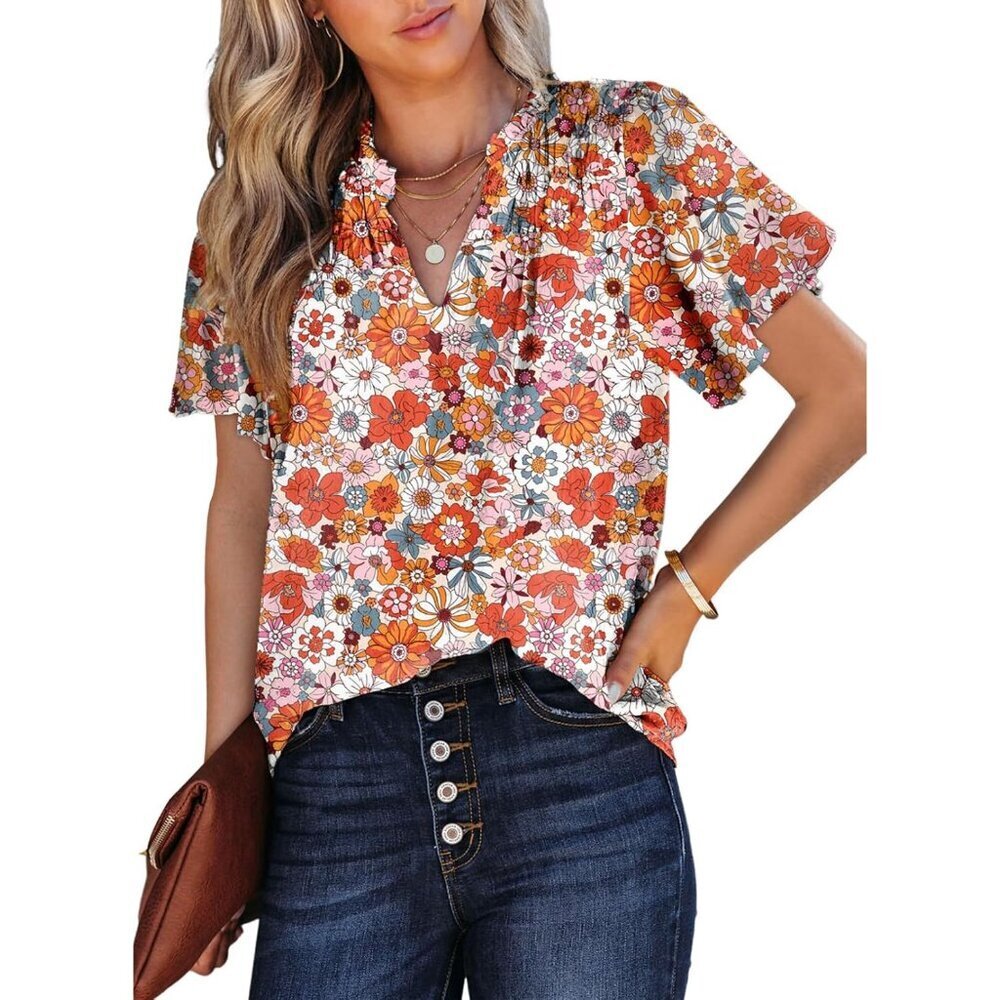 Women's Floral Print Chiffon Blouse V Neck Short Sleeve Boho Top Large